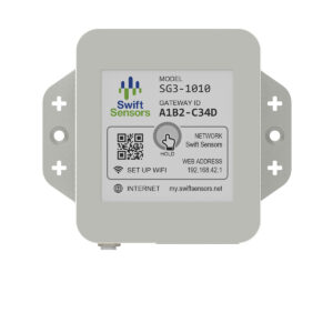 Swift Sensors Gateway 1010 connects with all Series 3 Swift Sensors within range and securely transmits sensor data to the Swift Sensors Cloud through either Wi-Fi, Ethernet, or Cellular