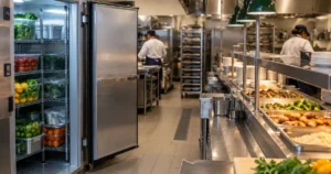 Commercial kitchen walk-in cooler and hot holding line representing automated temperature alerts and the food code compliance