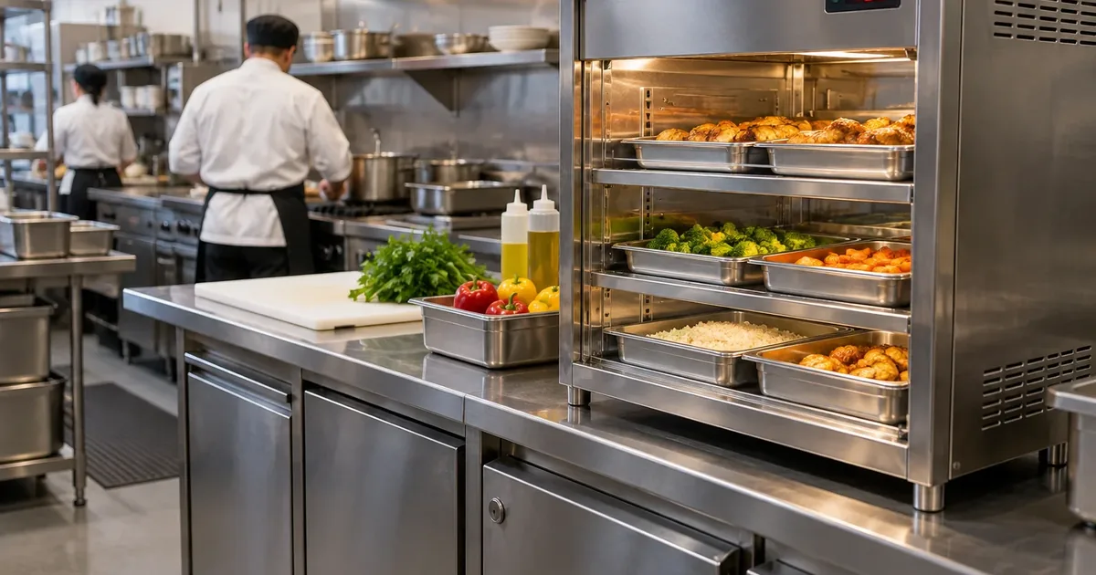 Kitchen staff member checking a hot holding unit temperature display in a commercial kitchen
