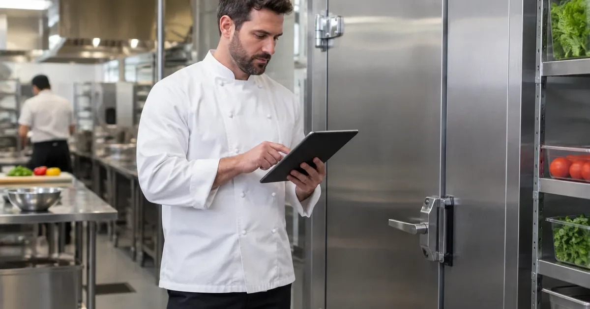Restaurant manager reviewing walk-in cooler temperature records on a tablet in a commercial kitchen