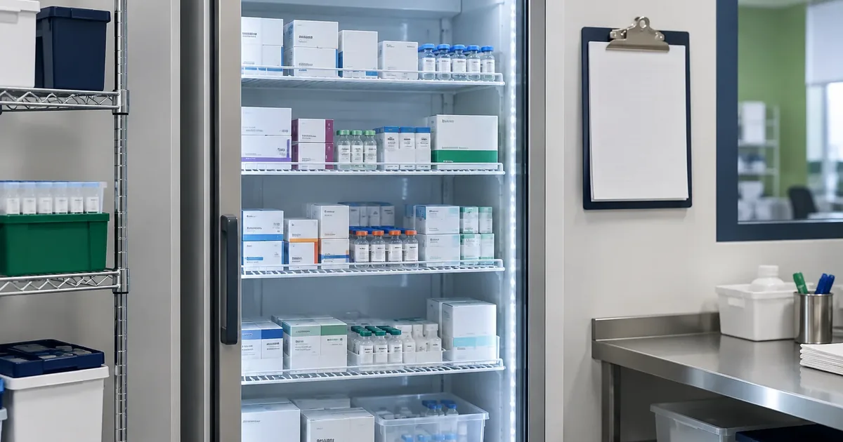 Pharmacy refrigerator holding vaccines in a clinical storage room with a temperature log posted nearby