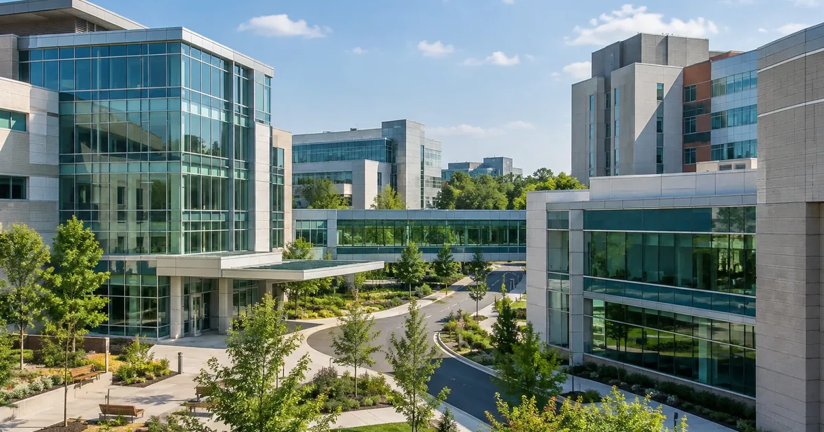 Multiple campus buildings exterior view representing one dashboard for lab freezers across several buildings
