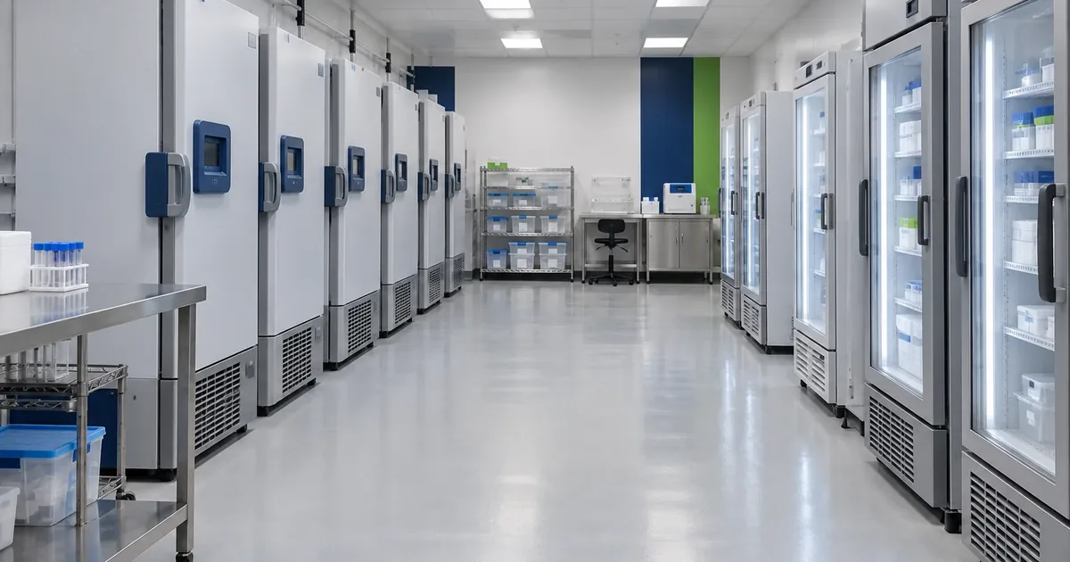 Wide interior view of a laboratory cold storage room with several ULT freezers and monitoring equipment
