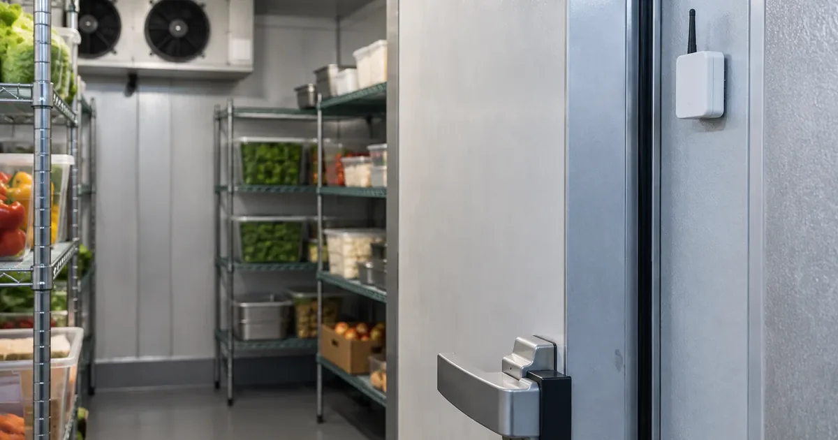 Wall-mounted wireless sensor near a walk-in cooler door beside stored product shelving