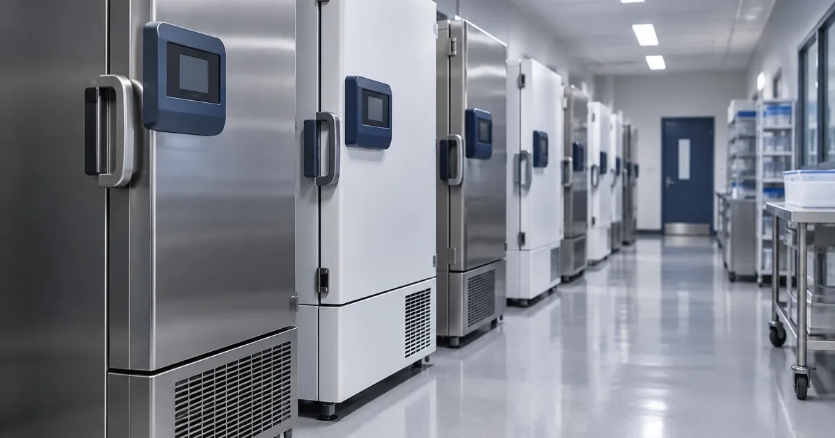 Bank of ultra-low temperature freezers in a laboratory corridor used for monitoring samples at minus 80