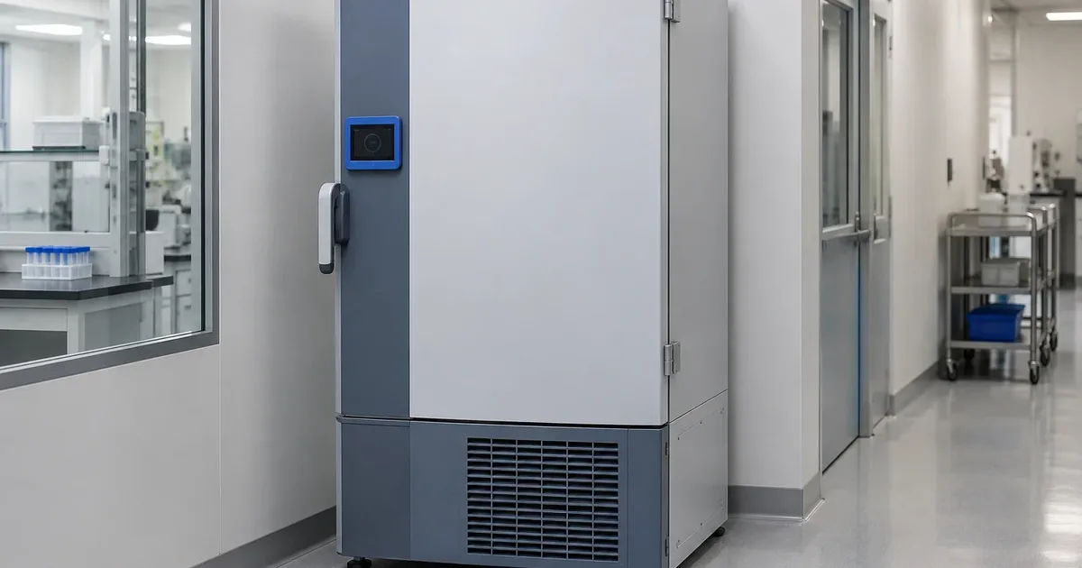 Row of ultra-low temperature freezers lined up in a research laboratory storage corridor