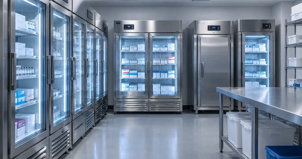 Vaccine refrigerator out of range overnight in a hospital pharmacy storage room with temperature display