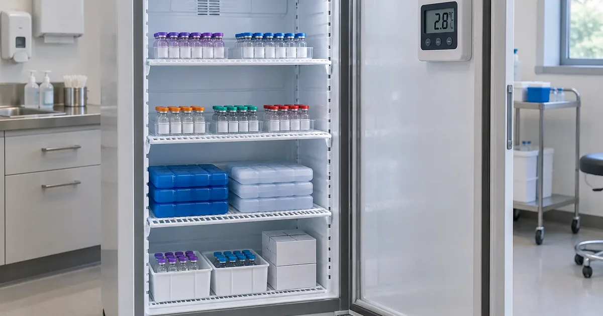 Vaccine refrigerator interior in a medical clinic showing vials and a digital temperature display