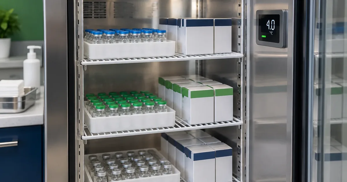 Organized vaccine trays and digital temperature display inside a clinic refrigerator